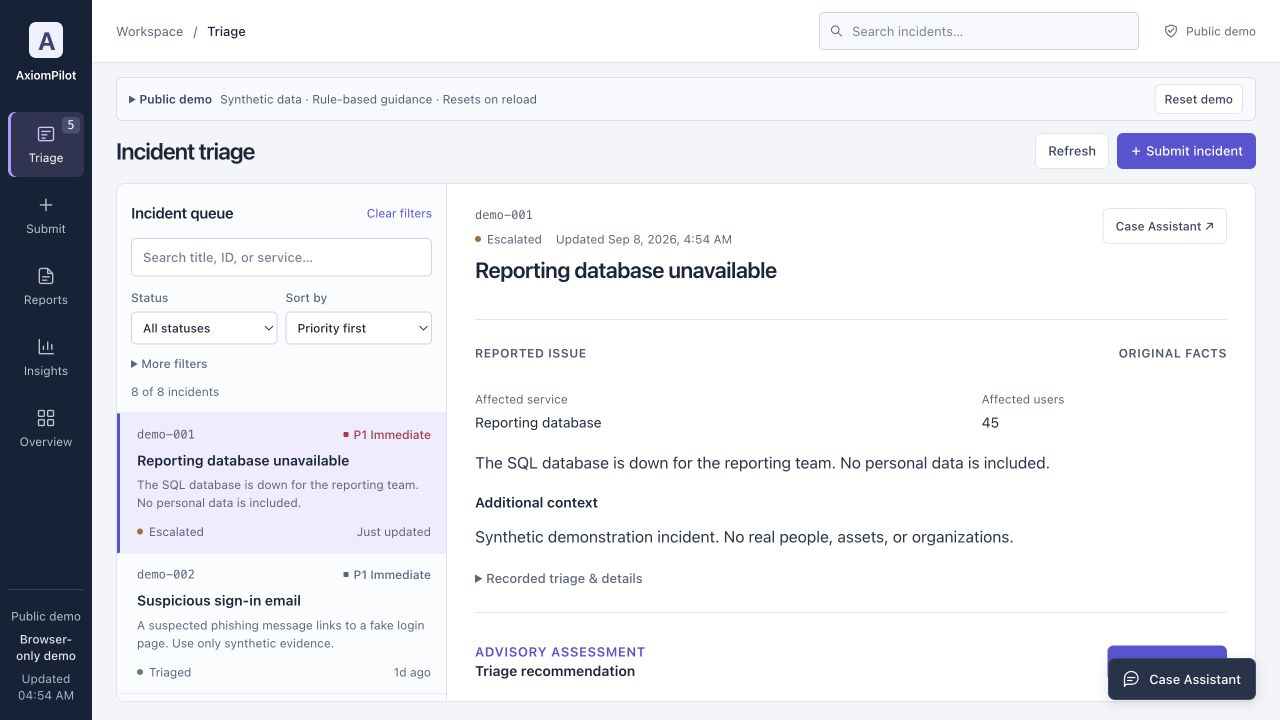 Screenshot of the Axiompilot public demo showing the incident queue and the reporting database demonstration incident open for review.