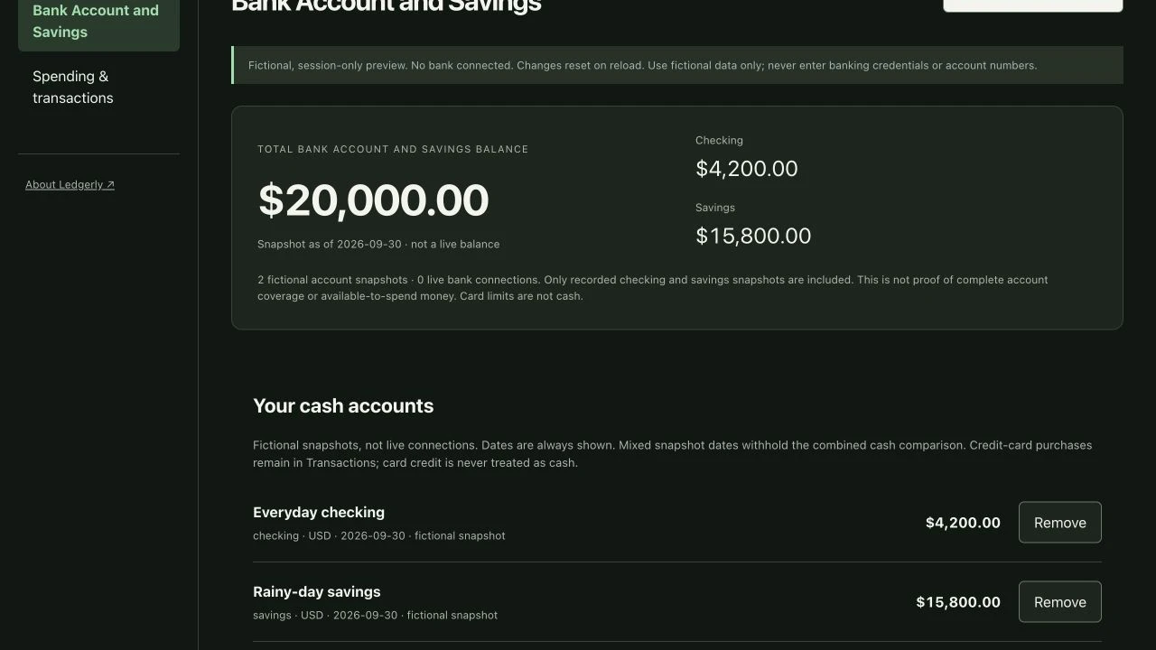 Real Ledgerly account view showing a combined fictional balance and individual checking and savings snapshots.